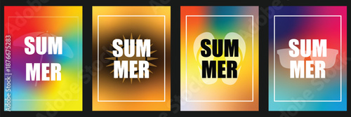 set of four colorful summer posters featuring bold white and black text inside white outlined boxes. Each poster showcases a unique summer theme, including fruit, sunglasses, and tropical elements.