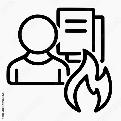Line icon of a person with layered documents and flame — burning deadline, black on white, square minimalist style