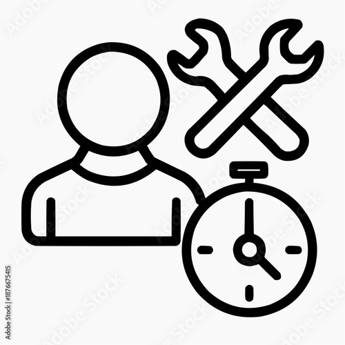 Line icon of a person with layered tools and stopwatch — urgent task, black on white, square minimalist style