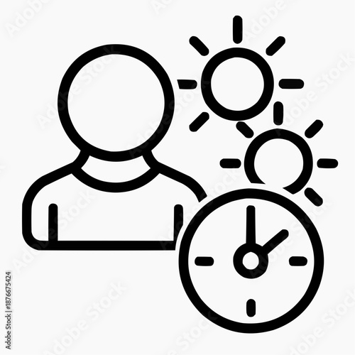 Line icon of a person with layered suns and clock — day ending soon, black on white, square minimalist style