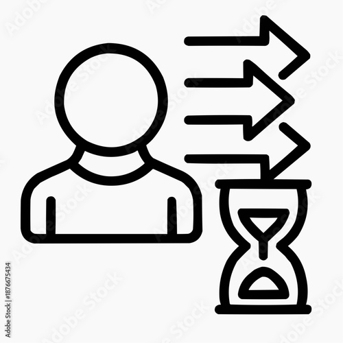 Line icon of a person with layered arrows and hourglass — limited opportunity, black on white, square minimalist style