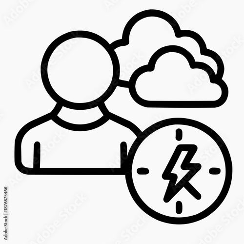 Line icon of a person with layered clouds and lightning clock — tense moment, black on white, square minimalist style