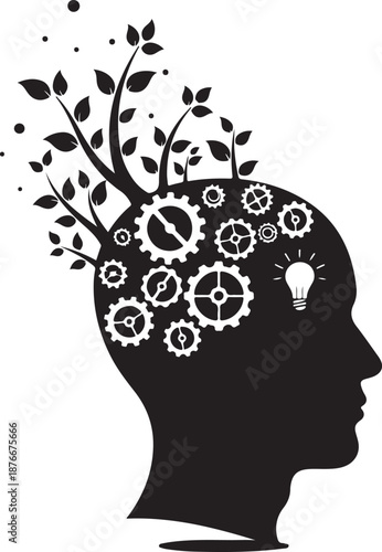 Creative thinking process with gears and leaves in human head silhouette illustration