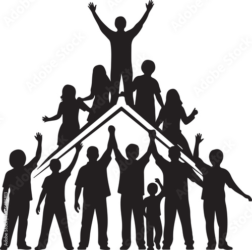 Group of people silhouette standing together holding up a house shape on transparent background