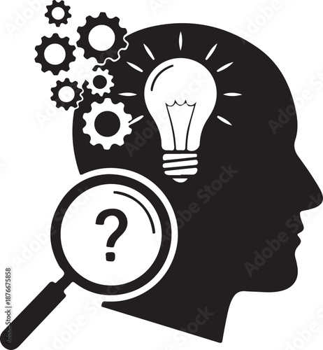 Human head with gears and light bulb symbolizing idea generation and problem solving process