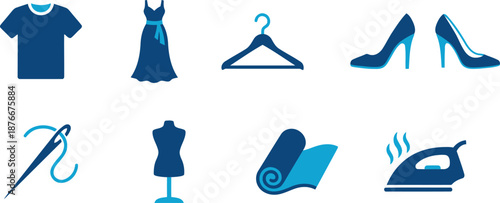 Set of fashion and tailoring icons in blue color