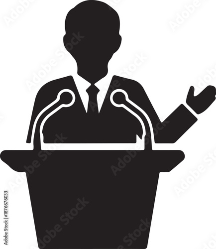 Man standing at podium with microphones giving speech or presentation to audience