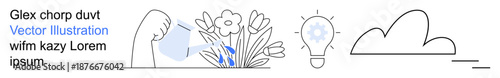 Gardening, creativity, brainstorming, environmental awareness, sustainability, innovation. A hand watering flowers, a light bulb and a cloud are . Gardening and creativity concepts