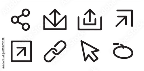 Outline stroke icons for web design including share link cursor arrow and file upload outline symbols