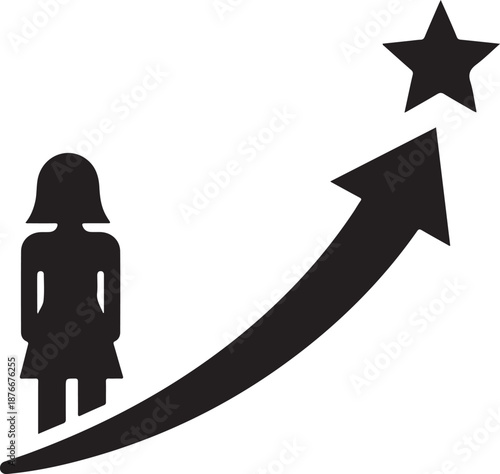 Woman silhouette with upward arrow and star symbolizing success and achievement in career
