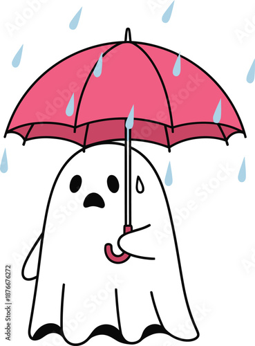 A cartoon ghost character holding a pink umbrella on a rainy day with a worried expression