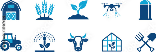 Agricultural icons depicting modern farming technology and tools