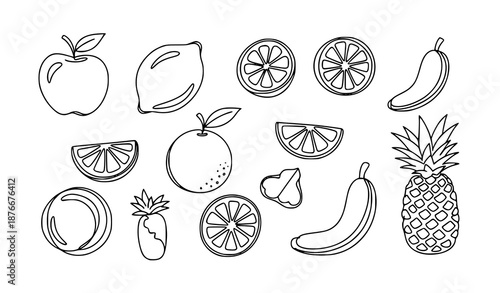 Hand Drawn Doodle Fruit Vector Icon Set with Apple Orange Lemon and Citrus