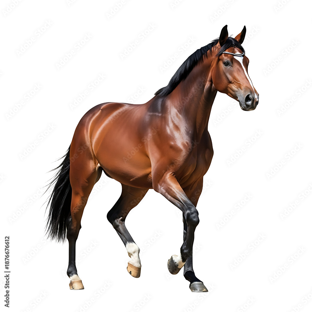 Obraz premium A brown horse with a black mane and tail is running on a transparent background