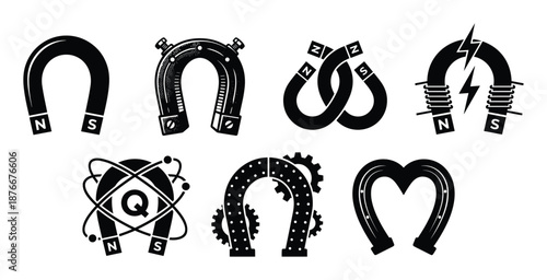 Seven magnets vector design collection, horseshoe magnets of different designs, physics and engineering design elements