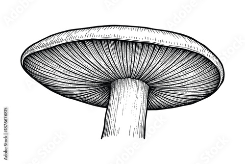 Detailed black and white mushroom drawing with gills and stipe illustration