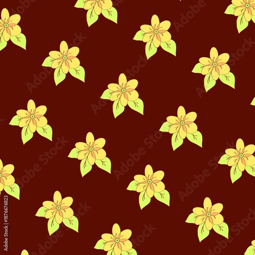 Seamless Pattern of Yellow Flowers and Green Leaves on Dark Brown Tile Background, Floral Vector Illustration for Textile and Wallpaper Desig