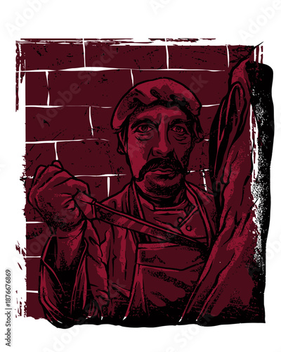 Close-up of man holding knife, red illustration, brick background, mustache, apron, sharp object, intense gaze