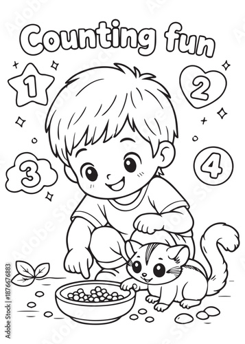 coloring book boy counting numbers while feeding a sweet sugar glider in a bowl with playful expressions
