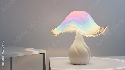 A colorful, glowing mushroom-shaped lamp with a smooth, white base sits on a white table against a plain gray background with soft, pastel hues.