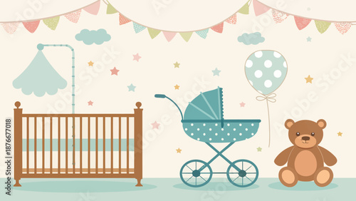 Adorable nursery scene with teddy bear and baby essentials