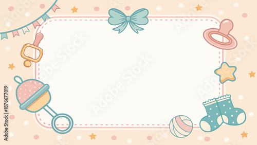 Cute baby shower invitation card with toys and decorations