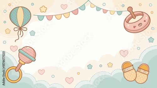 Adorable baby shower invitation with pastel toys and decorations