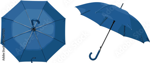 Blue umbrella shown open from top and side views, classic rain accessory with curved handle, isolated on white background