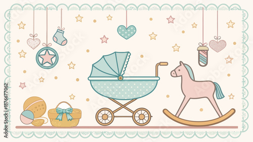 Adorable baby nursery decor with rocking horse and stroller