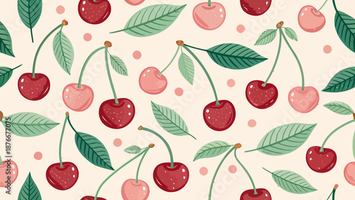 Vibrant cherry pattern with lush green leaves on soft background