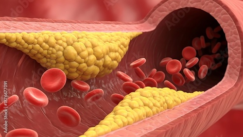 Illustration depicting dangerous buildup of yellow fatty cholesterol plaque deposits severely narrowing the arterial blood vessel lumen restricting red blood cell flow