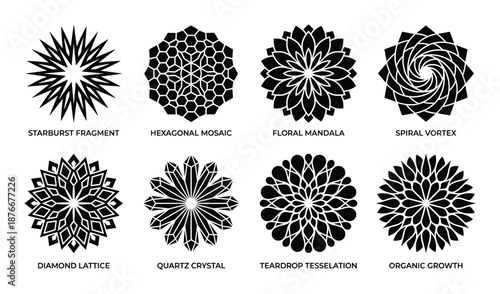 Geometric floral patterns with starburst, mosaic, vortex, and crystal designs on a white background