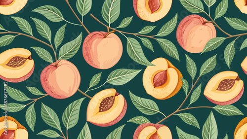 Vibrant peaches and leaves on dark green background pattern