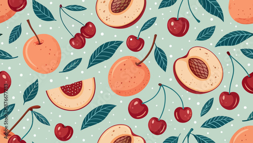 Vibrant fruit pattern with peaches and cherries on green background
