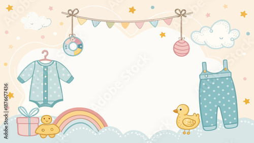 Adorable baby shower invitation with cute cartoon clothes and toys