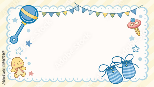 Adorable baby shower invitation card with blue and yellow decorations