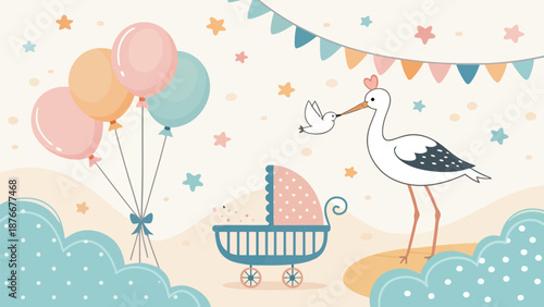 Whimsical baby shower scene with stork, pram, and colorful balloons