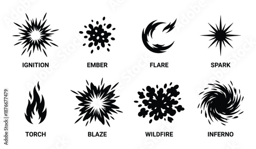 Fire symbols vector set featuring flame icons of ignition, torch, inferno, ember, blaze, flare, spark, and wildfire