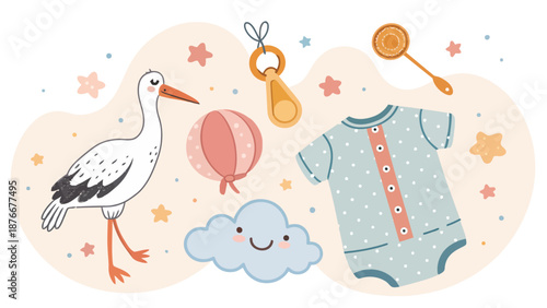 Adorable baby shower theme with stork and cute onesie