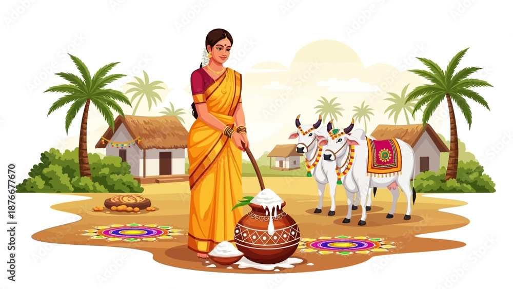 Φωτογραφία South Indian woman in traditional attire celebrating Pongal with decorated oxen, traditional food, and rangoli in a village setting