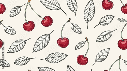 Vibrant cherries and leaves pattern on cream background