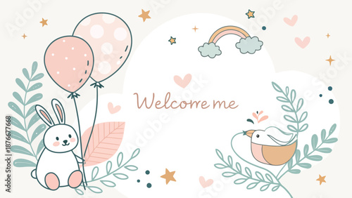 Whimsical welcome card with cute bunny and bird illustrations