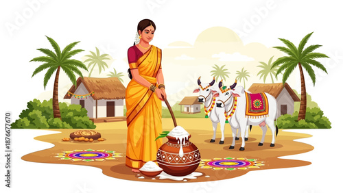 South Indian woman in traditional attire celebrating Pongal with decorated oxen, traditional food, and rangoli in a village setting.