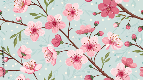 Vibrant pink cherry blossoms on soft blue background with leaves
