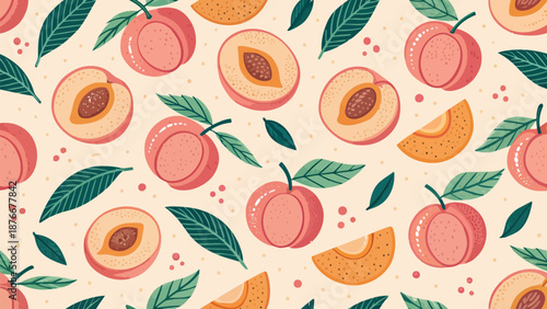 Vibrant peaches and leaves on cream background pattern