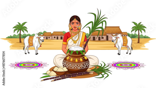 A South Indian woman celebrates Pongal with traditional food and decorated oxen in a village setting, surrounded by rangoli and palm trees.