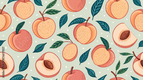 Vibrant peaches and leaves on soft green background pattern