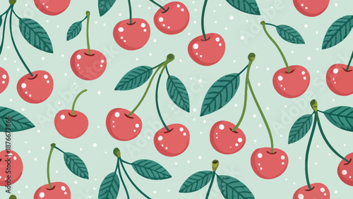 Vibrant cherry pattern with green leaves on soft mint background