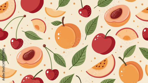 Vibrant fruit pattern with peaches, cherries and leaves on cream background