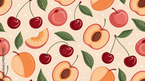 Vibrant fruit pattern with cherries, peaches, and apricots on beige